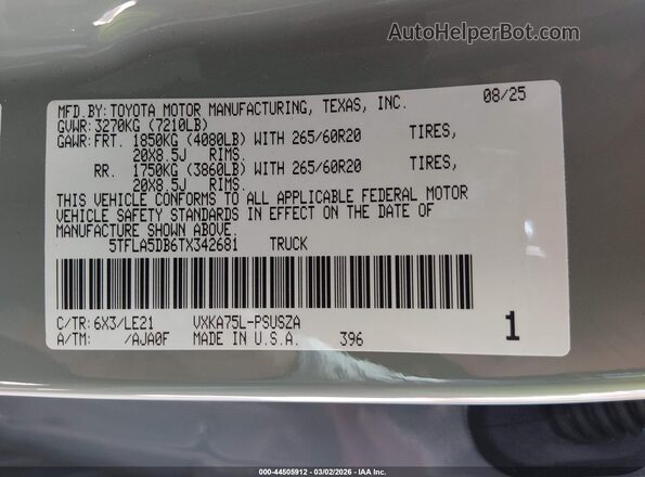 5TFLA5DB6TX342681 2026 TOYOTA TUNDRA Серый Вид подкапотного пространства