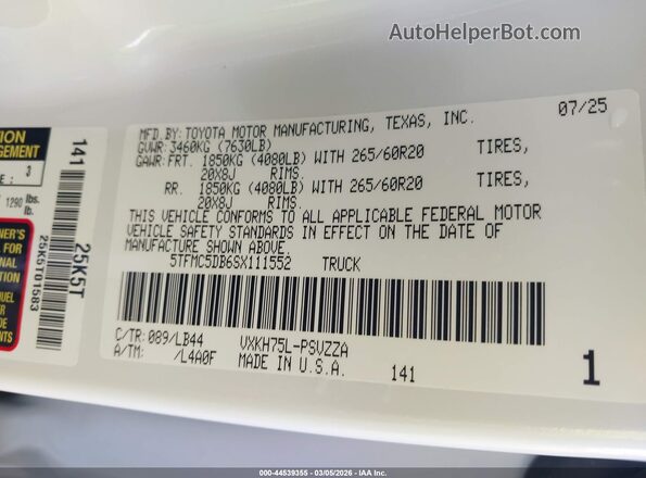5TFMC5DB6SX111552 2025 TOYOTA TUNDRA HYBRID Белый Вид подкапотного пространства