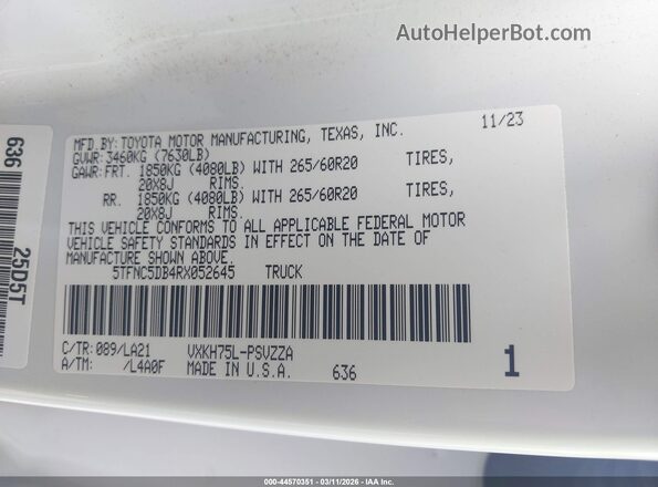 5TFNC5DB4RX052645 2024 TOYOTA TUNDRA HYBRID Белый Вид подкапотного пространства