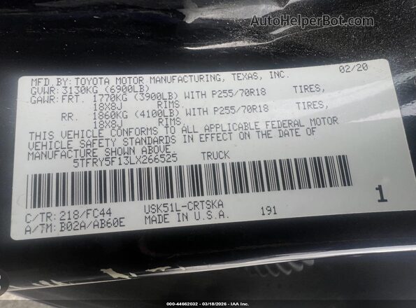 5TFRY5F13LX266525 2020 TOYOTA TUNDRA Черный Вид подкапотного пространства