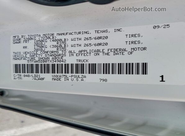 5TFWA5DB0TX349042 2026 TOYOTA LIMITED Белый Вид наклейки с VIN-кодом