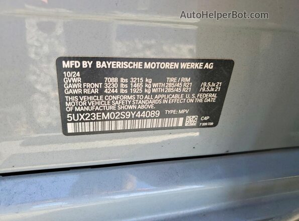 5UX23EM02S9Y44089 2025 BMW X7 Gray Widok naklejki z numerem VIN