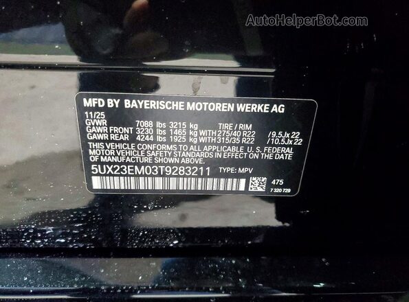 5UX23EM03T9283211 2026 BMW X7 Черный Вид наклейки с VIN-кодом