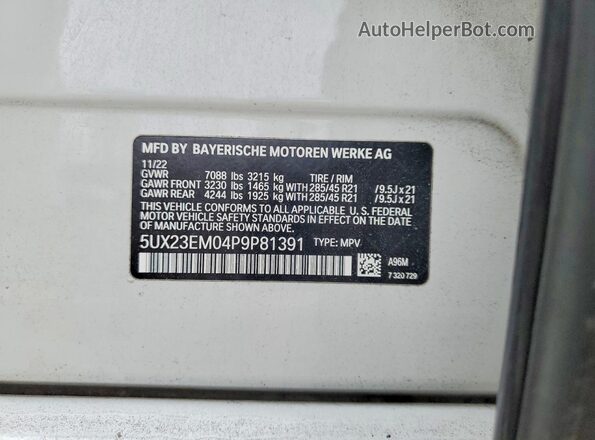 5UX23EM04P9P81391 2023 BMW X7 White VIN კოდის სტიკერის ხედი