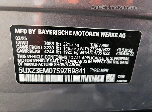 5UX23EM07S9Z89841 2025 BMW X7 Silver VIN կոդի պիտակի տեսք