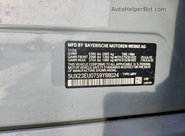 5UX23EU07S9Y88024 2025 BMW X5 Серый Вид наклейки с VIN-кодом