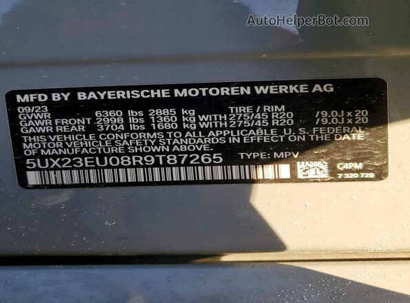 5UX23EU08R9T87265 2024 BMW X5 Серый Панорамный вид салона 360°