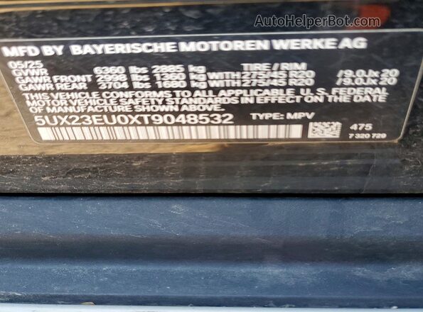 5UX23EU0XT9048532 2026 BMW X5 Черный Вид наклейки с VIN-кодом