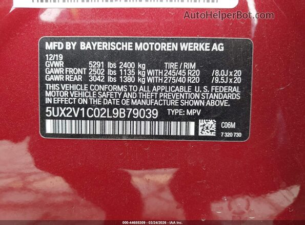 5UX2V1C02L9B79039 2020 BMW X4 Красный Вид подкапотного пространства