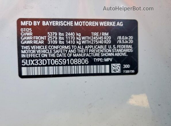 5UX33DT06S9108806 2025 BMW X4 Белый Вид наклейки с VIN-кодом