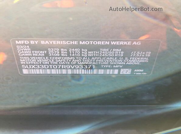 5UX33DT07R9V93371 2024 BMW X4 Black Vista de la etiqueta del VIN