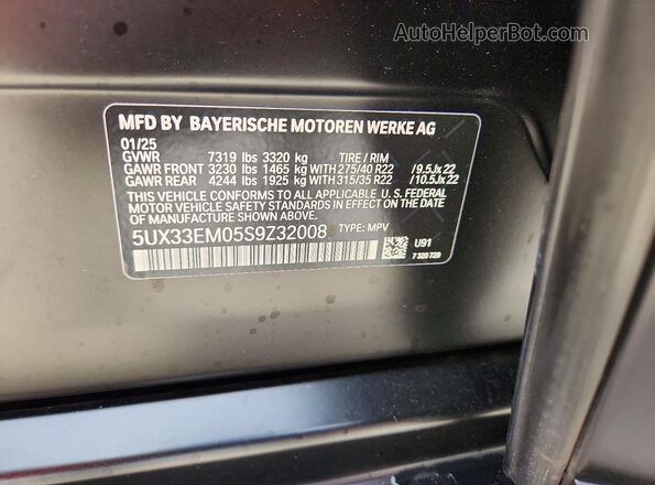 5UX33EM05S9Z32008 2025 BMW X7 Black Vista de la etiqueta del VIN