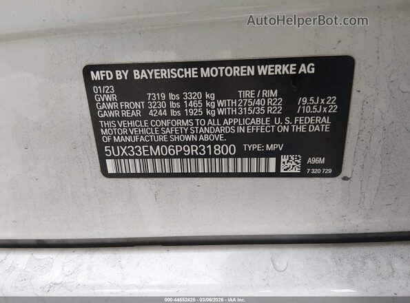 5UX33EM06P9R31800 2023 BMW X7 White Շարժիչի բաժամունքի տեսք