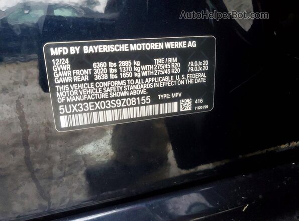 5UX33EX03S9Z08155 2025 BMW X6 Blue Vista de la etiqueta del VIN