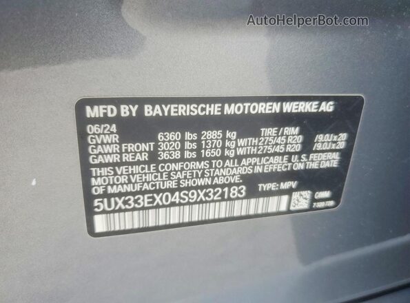 5UX33EX04S9X32183 2025 BMW X6 Серый Вид наклейки с VIN-кодом
