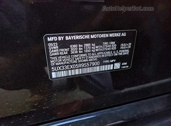 5UX33EX05R9S57900 2024 BMW X6 Черный Вид наклейки с VIN-кодом