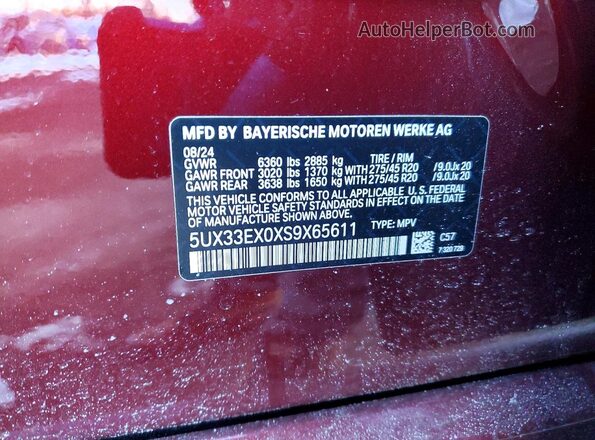 5UX33EX0XS9X65611 2025 BMW X6 Темно-бордовый Вид наклейки с VIN-кодом