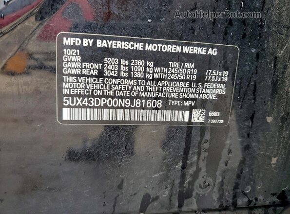5UX43DP00N9J81608 2022 BMW X3 Черный Вид наклейки с VIN-кодом