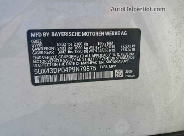5UX43DP04P9N79875 2023 BMW X3 White Widok naklejki z numerem VIN