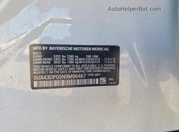 5UX43DP05N9M96467 2022 BMW X3 White Vista interior de 360 grados