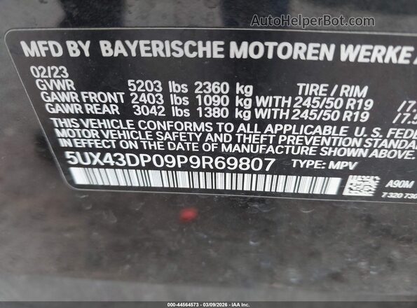 5UX43DP09P9R69807 2023 BMW X3 Black Вид підкапотного простору