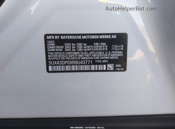 5UX43DP0XR9U43771 2024 BMW X3 White ძრავის განყოფილების ხედი