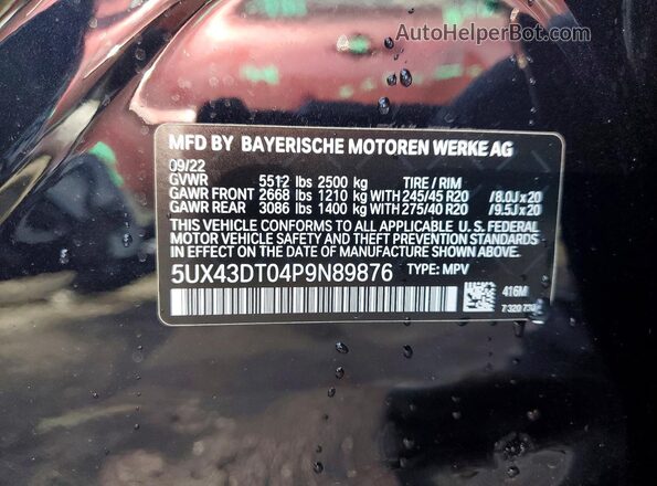 5UX43DT04P9N89876 2023 BMW X4 Синий Вид наклейки с VIN-кодом