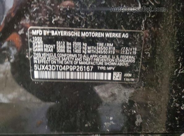 5UX43DT04P9P26167 2023 BMW X4 Угольный Вид наклейки с VIN-кодом