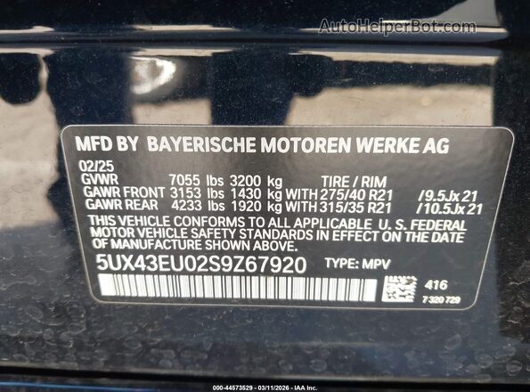 5UX43EU02S9Z67920 2025 BMW X5 Черный Вид подкапотного пространства