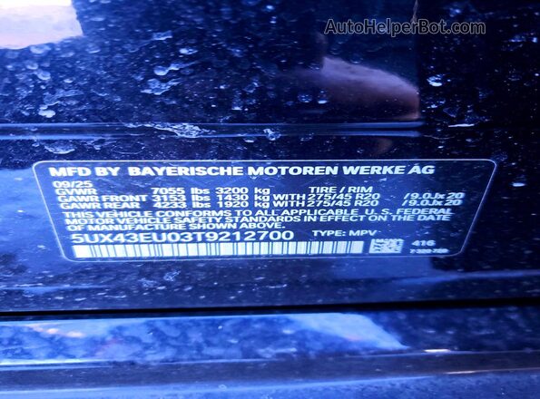 5UX43EU03T9212700 2026 BMW X5 Черный Вид наклейки с VIN-кодом