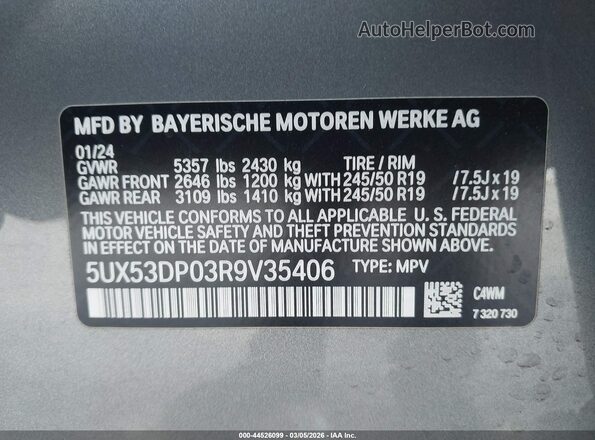 5UX53DP03R9V35406 2024 BMW X3 Gray Շարժիչի բաժամունքի տեսք