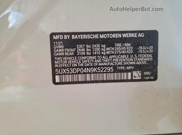 5UX53DP04N9K52295 2022 BMW X3 White Вид підкапотного простору