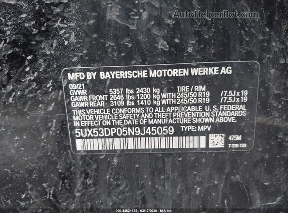 5UX53DP05N9J45059 2022 BMW X3 Black Vista del compartimento del motor