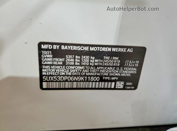 5UX53DP06N9K11800 2022 BMW X3 White Vista de la etiqueta del VIN