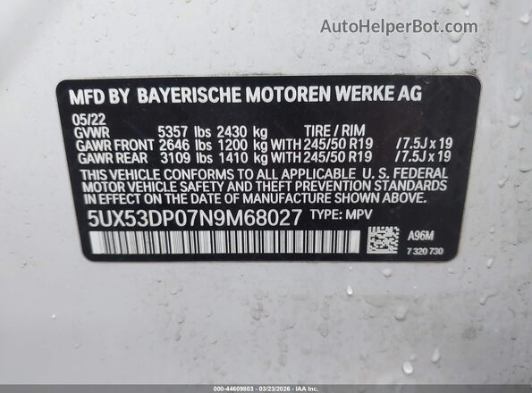 5UX53DP07N9M68027 2022 BMW X3 White Widok komory silnika