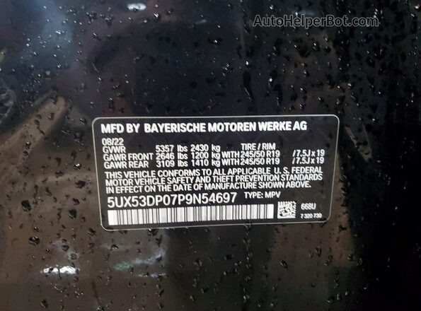 5UX53DP07P9N54697 2023 BMW X3 Black Вид наклейки з VIN-кодом