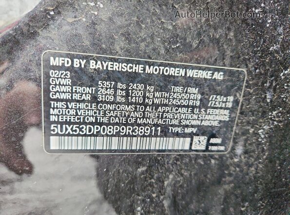 5UX53DP08P9R38911 2023 BMW X3 Black Вид наклейки з VIN-кодом