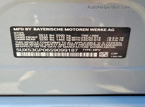 5UX53GP06S9099187 2025 BMW X3 Серый Вид наклейки с VIN-кодом