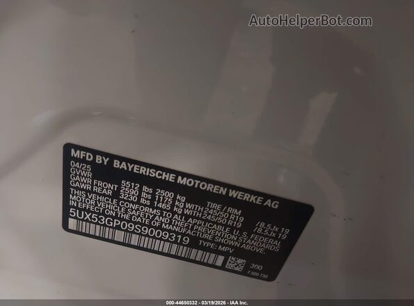 5UX53GP09S9009319 2025 BMW X3 Белый Вид подкапотного пространства