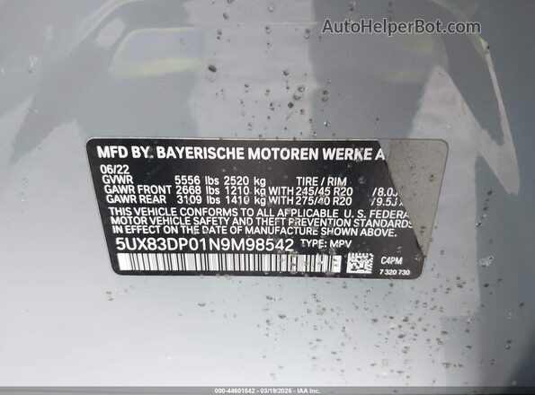 5UX83DP01N9M98542 2022 BMW X3 Gray ძრავის განყოფილების ხედი