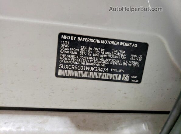 5UXCR6C01N9K38474 2022 BMW X5 White Вид наклейки з VIN-кодом