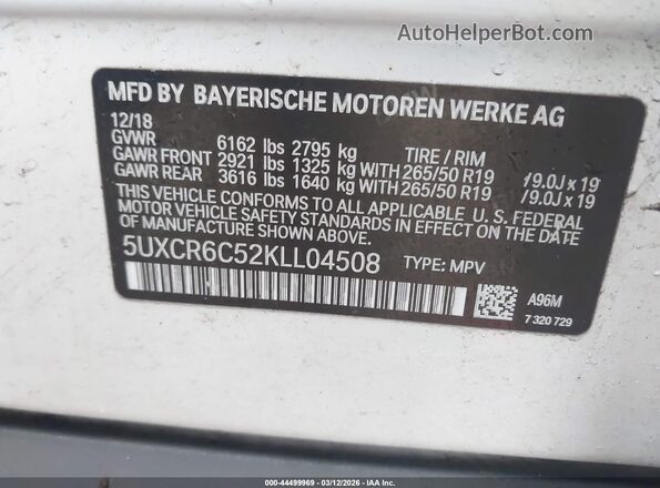 5UXCR6C52KLL04508 2019 BMW X5 Белый Вид подкапотного пространства