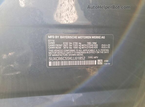 5UXCR6C55KLL61852 2019 BMW X5 Черный Вид наклейки с VIN-кодом