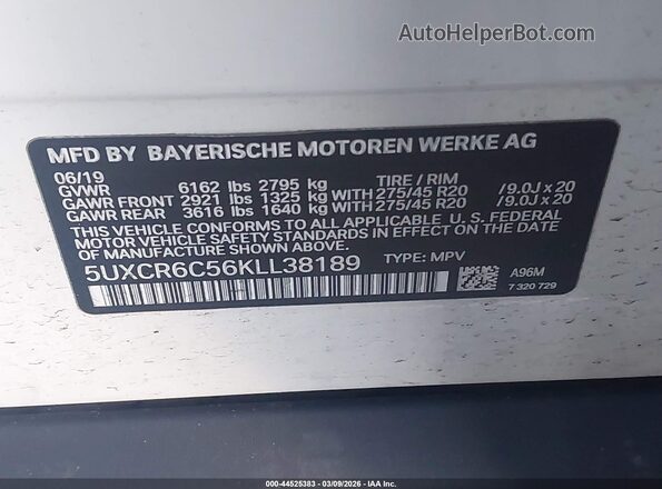 5UXCR6C56KLL38189 2019 BMW X5 Белый Вид подкапотного пространства