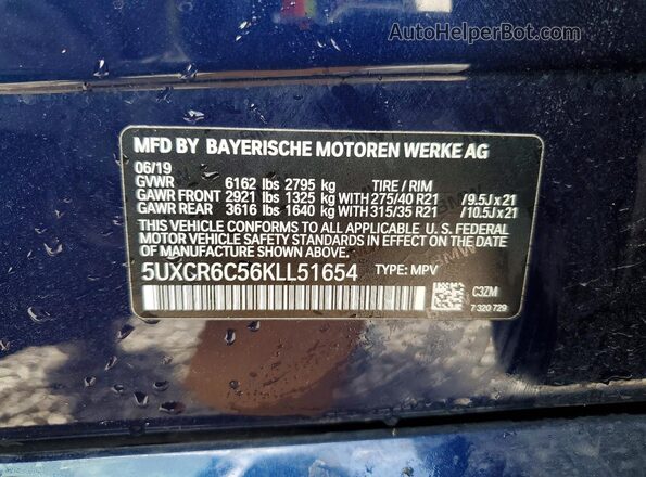 5UXCR6C56KLL51654 2019 BMW X5 Синий Вид наклейки с VIN-кодом
