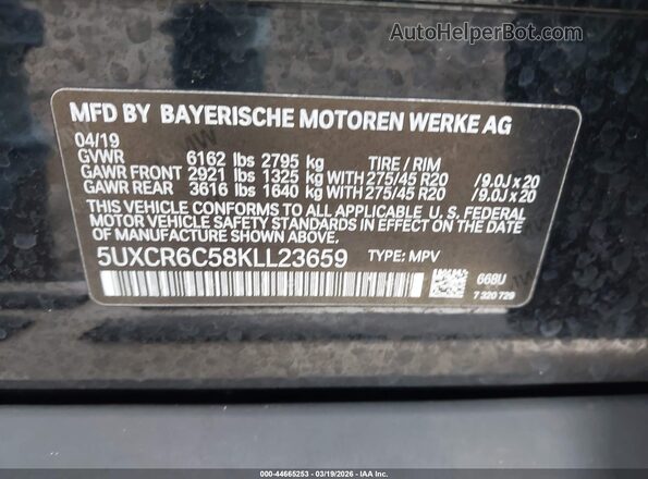 5UXCR6C58KLL23659 2019 BMW X5 Черный Вид подкапотного пространства