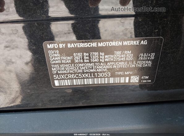 5UXCR6C5XKLL13053 2019 BMW X5 Black ძრავის განყოფილების ხედი