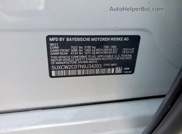 5UXCW2C07N9J34203 2022 BMW X7 Белый Вид наклейки с VIN-кодом
