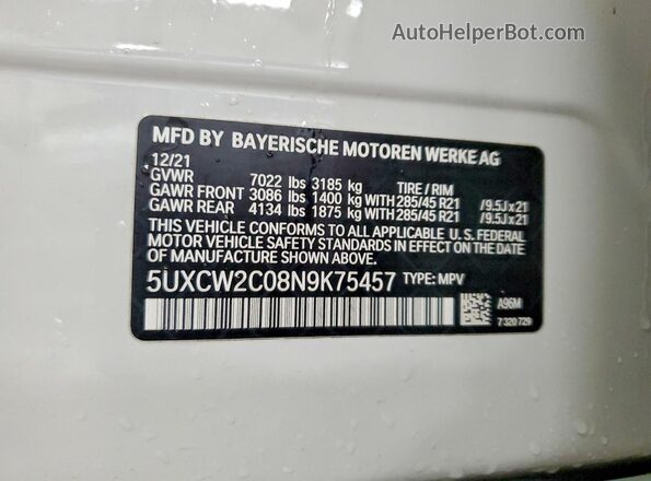 5UXCW2C08N9K75457 2022 BMW X7 Белый Панорамный вид салона 360°