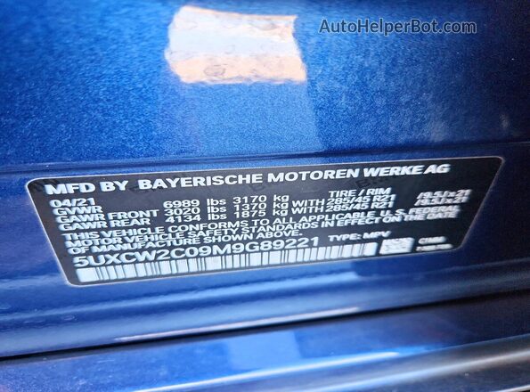 5UXCW2C09M9G89221 2021 BMW X7 Purple VIN կոդի պիտակի տեսք